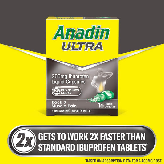 Anadin Ultra Ibuprofen, Back Pain Relief, Liquid Pain Killers Capsules, Pack Of 16