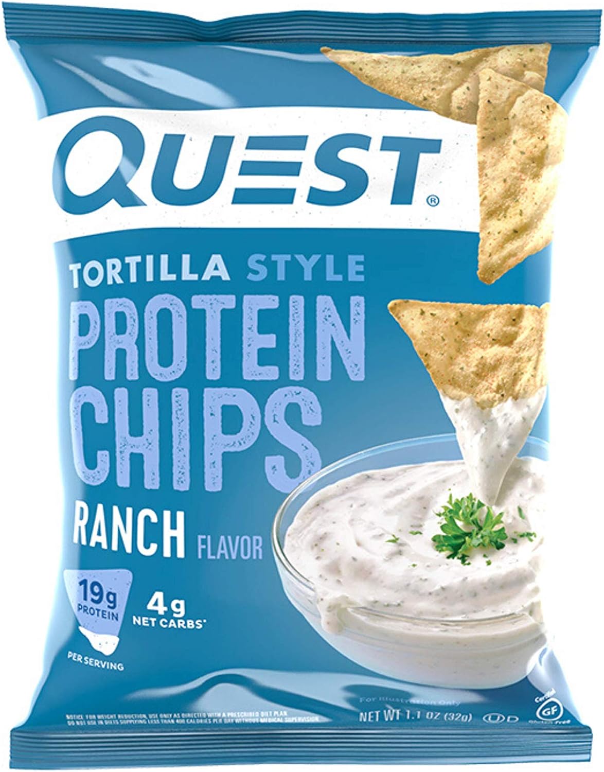 Quest Nutrition Tortilla Style Protein Chips, Ranch, Baked, 19g Protein, 4g Net Carb, Low Carb, Gluten Free, 1.1 Ounce (Pack of 12)