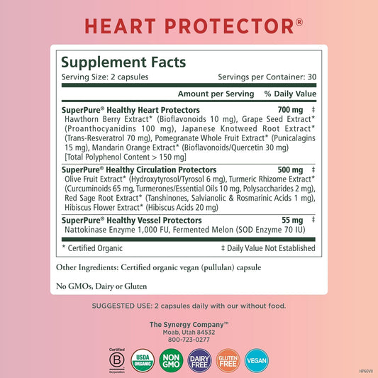PURE SYNERGY Heart Protector | Organic Heart Health Support | Holistic Heart Supplement with Organic Hawthorn Berry, Resveratrol, and Nattokinase | For Heart, Blood, and Vascular Support (60 Capsules)