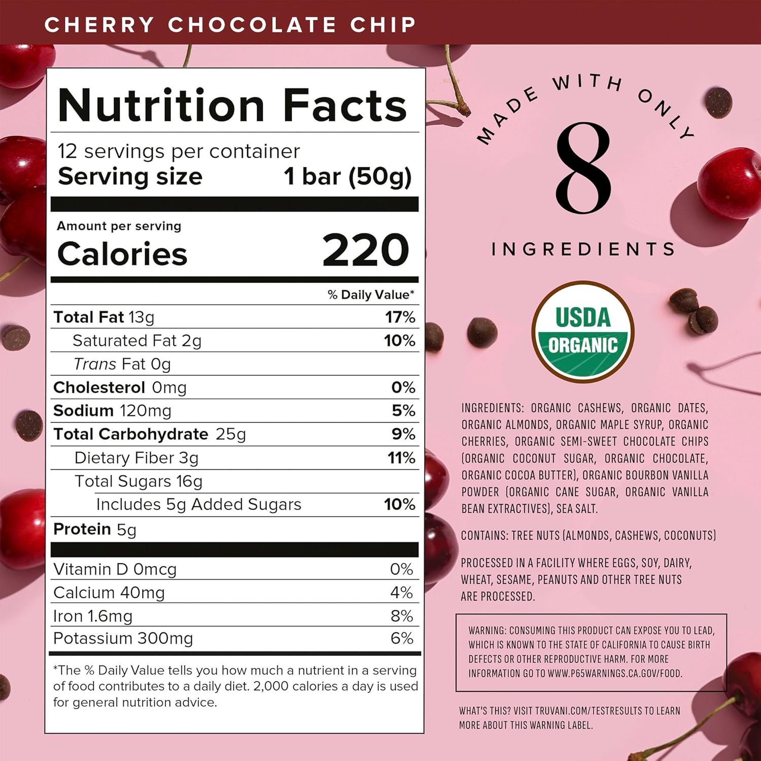 Truvani Plant Based Snack Bars | 5g Protein | 12 Pack Cherry Chocolate Chip | Organic | Vegan | The Only Bar | Dairy, Soy, and Gluten Free | Individually Wrapped : Health & Household