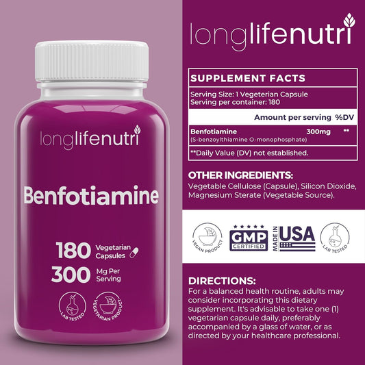 Benfotiamine 300Mg – 180 Vegetarian Capsules, 6-Month Supply, Fat-Soluble B1 Thiamine Supplement For Energy And Wellness, Lab Tested, Made In Usa