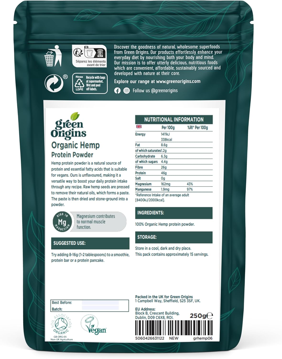 Green Origins Organic Hemp Protein Powder, Raw 250g : Amazon.co.uk: Health & Personal Care