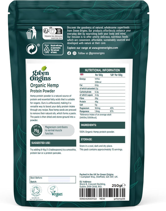Green Origins Organic Hemp Protein Powder, Raw 250g : Amazon.co.uk: Health & Personal Care