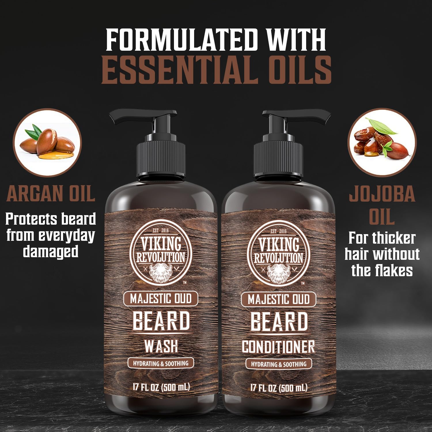 Viking Revolution Beard Wash and Beard Conditioner for Men with Argan Oil and Jojoba Oil - Beard Softener and Strengthener Beard Care Beard Shampoo and Conditioner with Beard Oil (17oz, Majestic Oud) : Beauty & Personal Care