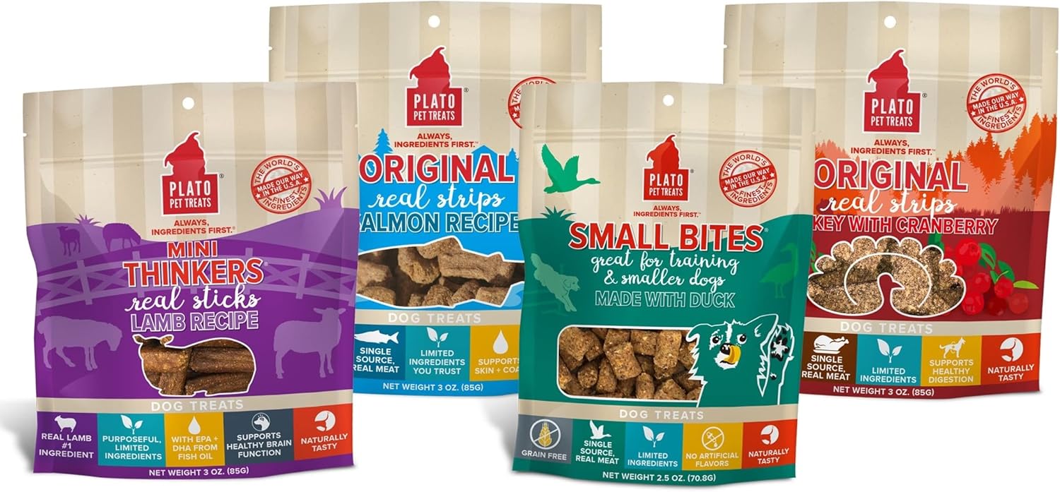 Plato Taste Of Plato Dog Treats - Real Meat - Air Dried - Made In The Usa - Variety Pack - Lamb, Salmon, Duck And Turkey Flavor, Multi, 4 Count (Pack Of 1)