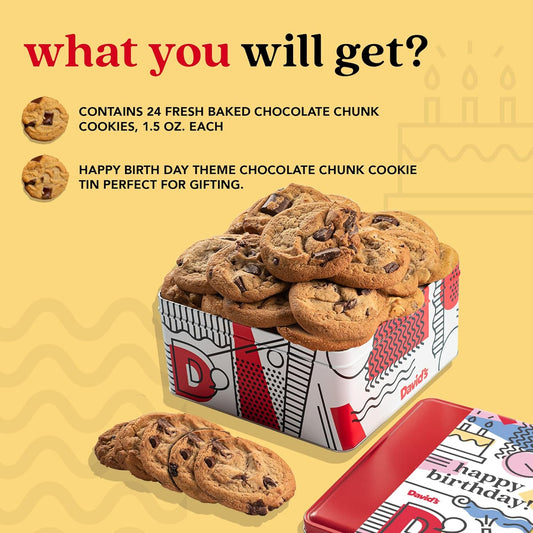 David'S Cookies Happy Birthday Chocolate Chunk Cookies Tin 2Lbs - Handmade And Fresh Baked Gourmet Cookie Gift Basket - Delectable & Made With Premium Ingredients - Ideal Birthday Food Gift For All