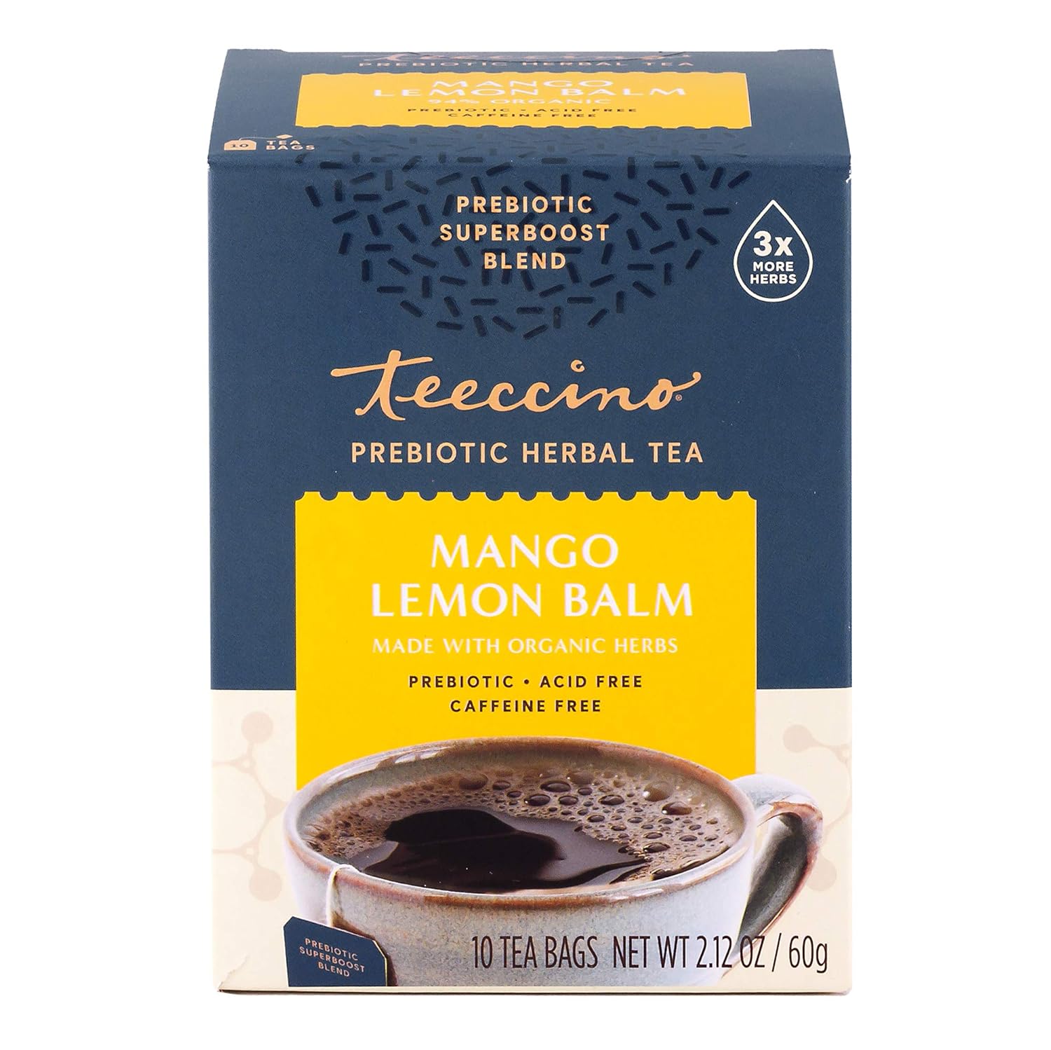Teeccino Mango Lemon Balm - Prebiotic Superboost™ Herbal Tea - Support Your Probiotics With Vegan Gos & Organic Xos For Good Gut Health - Caffeine- Free, 10 Tea Bags