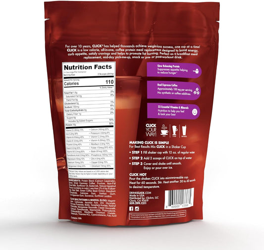 Click Coffee Protein Powder | Double Shot Espresso | 16g Protein | 23 Essential Vitamins | Low Calorie Meal Replacement | 150mg Caffeine | Gluten Free | No Artificial Flavors or Colors | Hazelnut