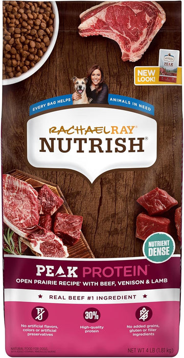 Rachael Ray Nutrish Peak Natural Dry Dog Food With Added Vitamins, Minerals & Taurine, Open Prairie Recipe With Beef, Venison & Lamb, 4 Pounds, Grain Free (Packaging May Vary)