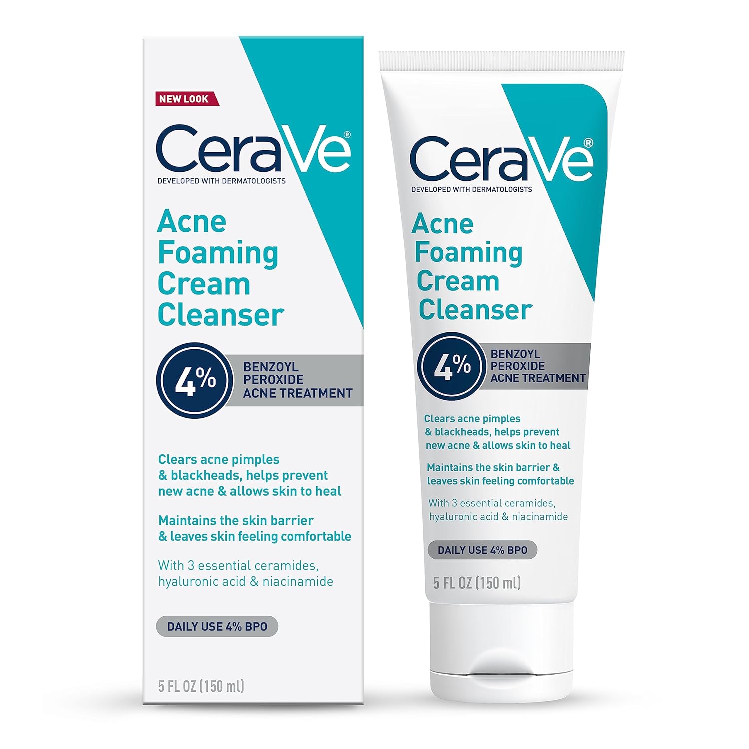 Cerave Acne Foaming Cream Cleanser | Acne Treatment Face Wash With 4% Benzoyl Peroxide, Hyaluronic Acid, And Niacinamide | Cream To Foam Formula | Fragrance Free & Non Comedogenic | 5 Oz