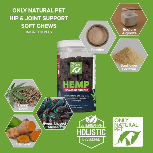 Only Natural Pet Hemp Hip & Joint Support for Dogs - Supplement for Mobility Wellness Pain Relief Healthy Inflammatory & Bone Stiffness - Chews w/Fatty Acid Blend Mussels & Turmeric - 120 Count