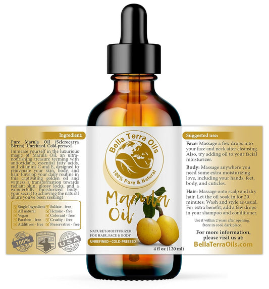 Bella Terra Oils - Marula Face Oil 4oz - The Touch of Nature's Purest, Packed with Vitamin B & Vitamin A, A Glow-Boosting Sensation