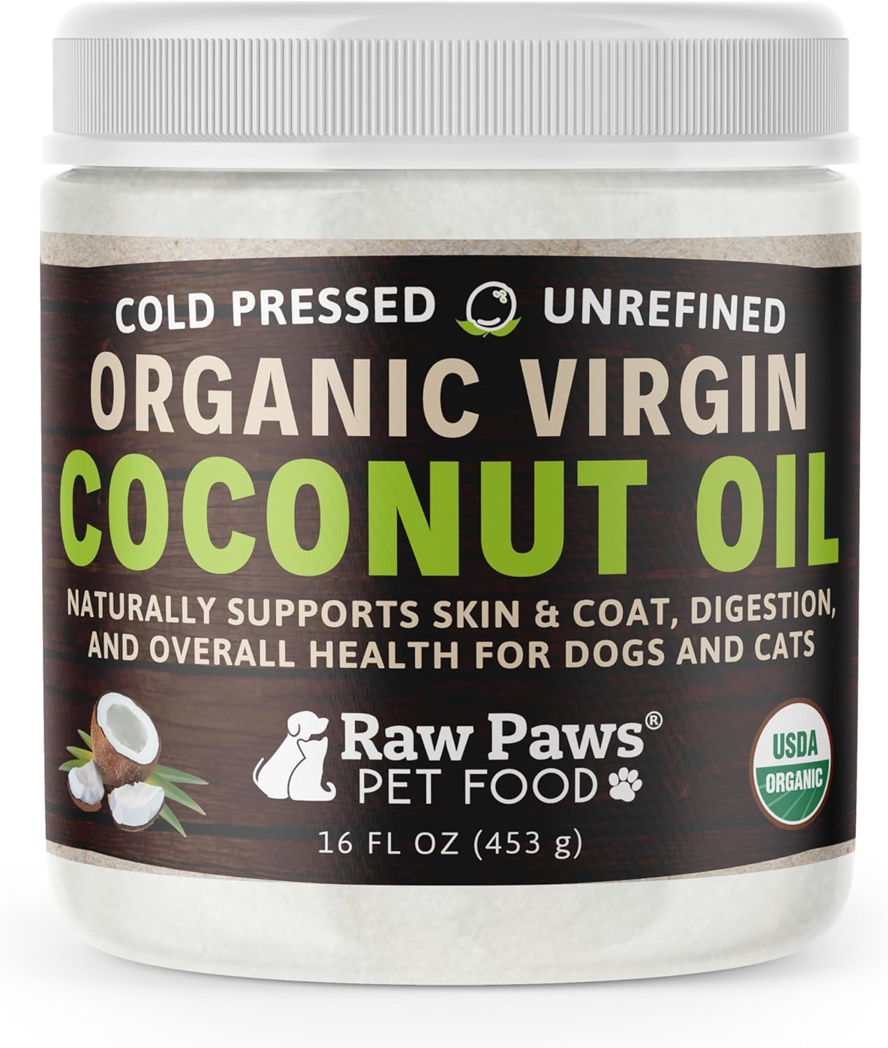 Raw Paws Organic Virgin Coconut Oil For Dogs & Cats, 16-Oz - Supports Immune System, Digestion, Oral Health, Thyroid - All Natural Allergy Relief For Dogs - Hairball Relief
