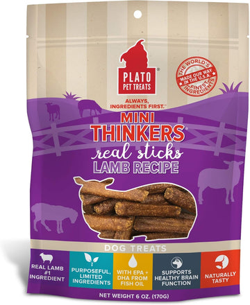 Plato Pet Treats Air Dried Dog Treats Lamb Mini Thinkers Sticks, Natural Dog Treats, Real Meat, Air Dried, Made In The Usa, 6Oz