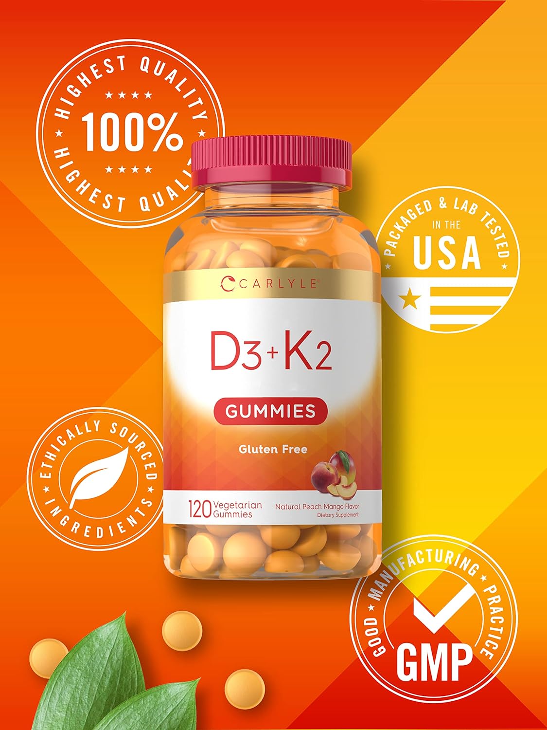Vitamin D3 K2 Gummies | 120 Count | with Calcium | Vegetarian, Non-GMO, and Gluten Free Vitamin Supplement | by Carlyle : Health & Household