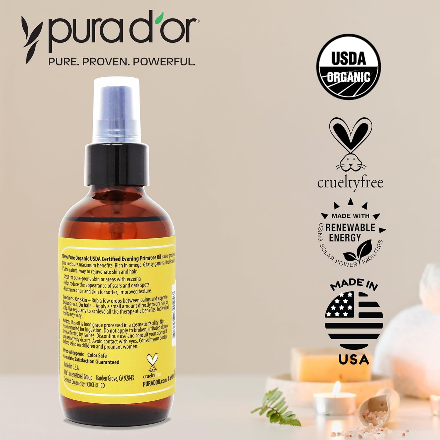 PURA D'OR Organic Evening Primrose Oil (4oz) 100% Pure Cold Pressed w/Natural Essential Fatty Acids & Antioxidant Rich - Moisturizes, Rejuvenates, Renews & Restores - Skin, Hair & Face : Beauty & Personal Care
