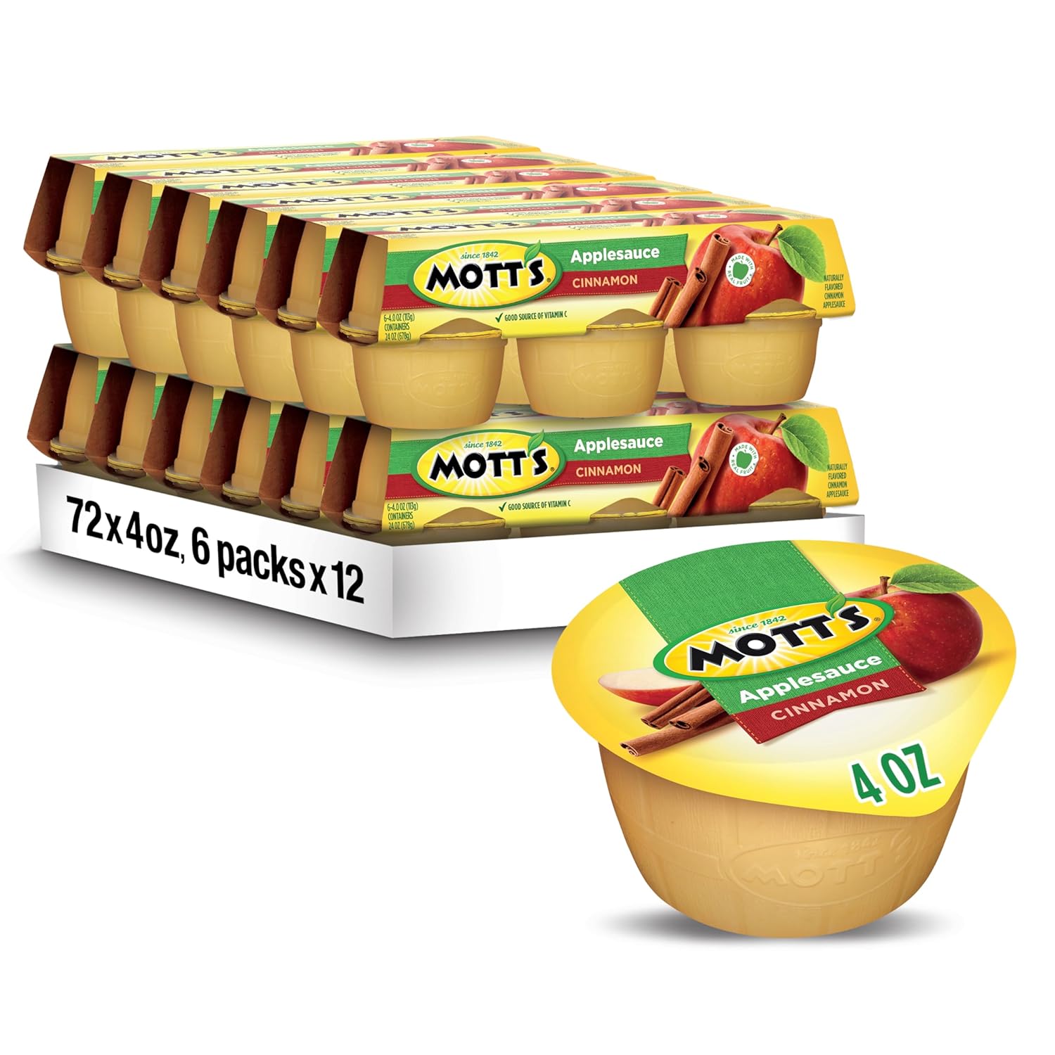 Mott'S Cinnamon Applesauce, 4 Oz Cups, 72 Count (12 Packs Of 6), No Artificial Flavors, Good Source Of Vitamin C, Nutritious Option For The Whole Family