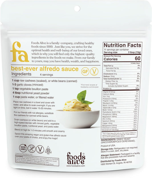 Foods Alive Non-Fortified Premium Nutritional Yeast Flakes, 6 Ounce Unfortified Vegan Cheese Powder Seasoning