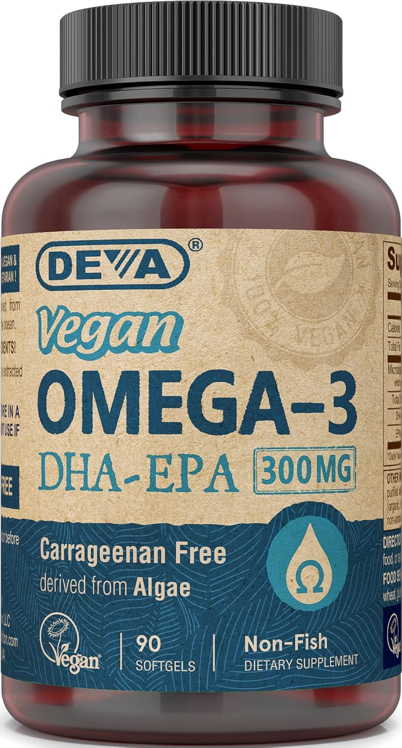 Deva Vegan Omega-3 Dha Epa Supplement Once-Per-Day Softgel 300 Mg - Carrageenan Gelatin & Gluten Free - Non-Fish Algae Oil Fatty Acids - 90 Softgels