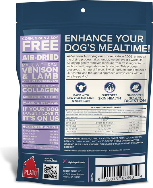 Plato Pet Treats Air Dried Dog Food Topper, Venison, Lamb And Collagen Recipe, Superfood, Grain Free, Made In The Usa, 5.5Oz