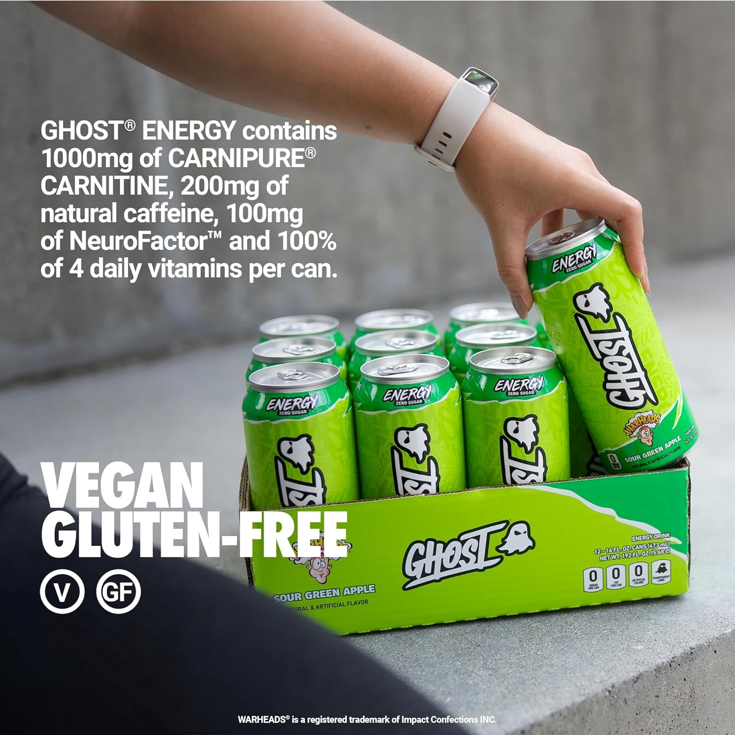 Ghost Energy Drink - 12-Pack, Warheads Sour Green Apple, 16Oz - Energy & Focus & No Artificial Colors - 200Mg Of Natural Caffeine, L-Carnitine & Taurine - Gluten-Free & Vegan