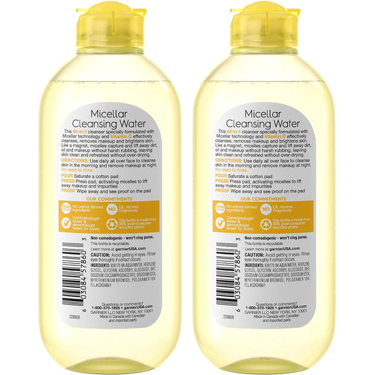 Garnier Micellar Water with Vitamin C, Facial Cleanser & Makeup Remover, 13.5 Fl Oz (400mL), 2 Count (Packaging May Vary)