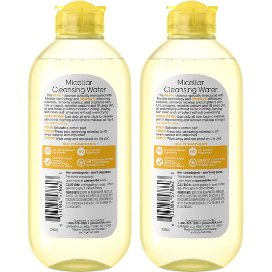 Garnier Micellar Water With Vitamin C, Facial Cleanser & Makeup Remover, Brightening & Hydrating, For All Skin Types, Vegan, Cruelty Free, 13.5 Fl Oz (400Ml), 1 Count