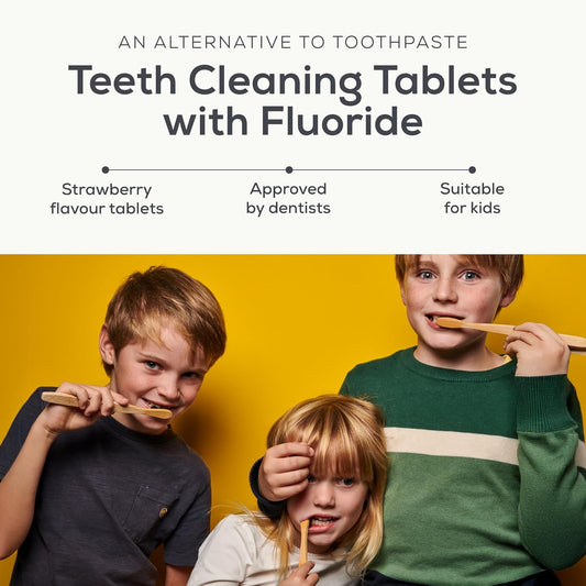 Denttabs Strawberry Teeth Cleaning Tablets With Fluoride – Pack Of 125, Natural Toothpaste Tablets For Adults & Kids, Vegan & Eco-Friendly, Cavity Prevention