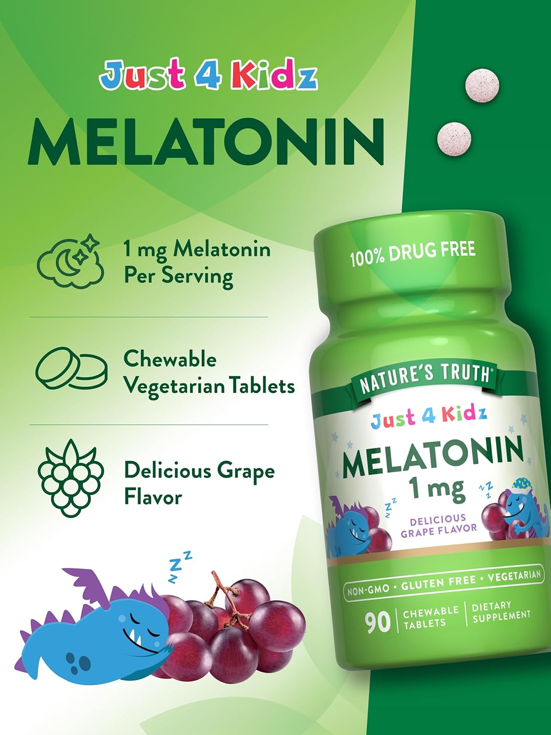 Nature'S Truth Kids Melatonin Chewable Tablets | 1Mg | Grape Flavor | Vegetarian, Non-Gmo, & Gluten Free Supplement