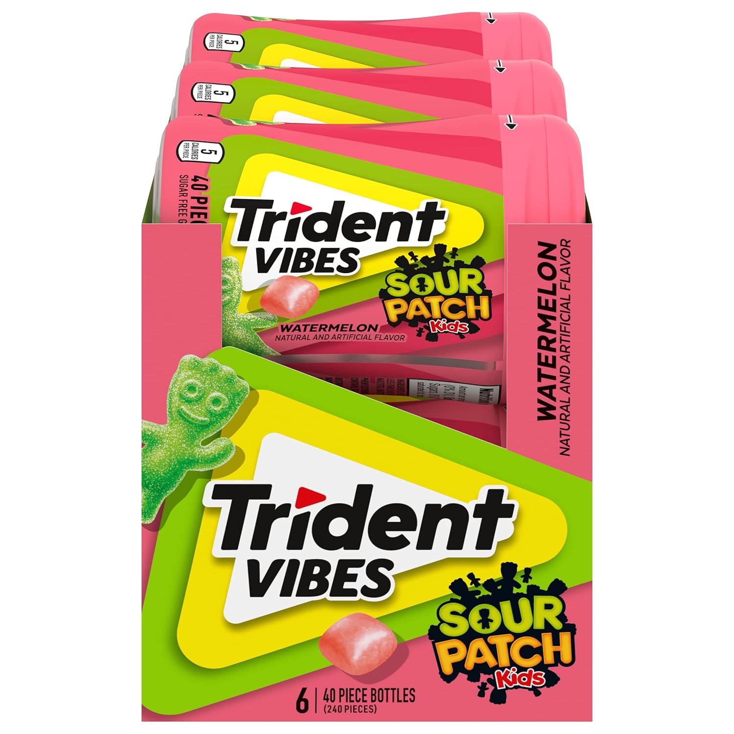 Trident Vibes Sour Patch Kids Watermelon Sugar-Free Chewing Gum, 6 Bottles Of 40 Pieces (240 Total Pieces)