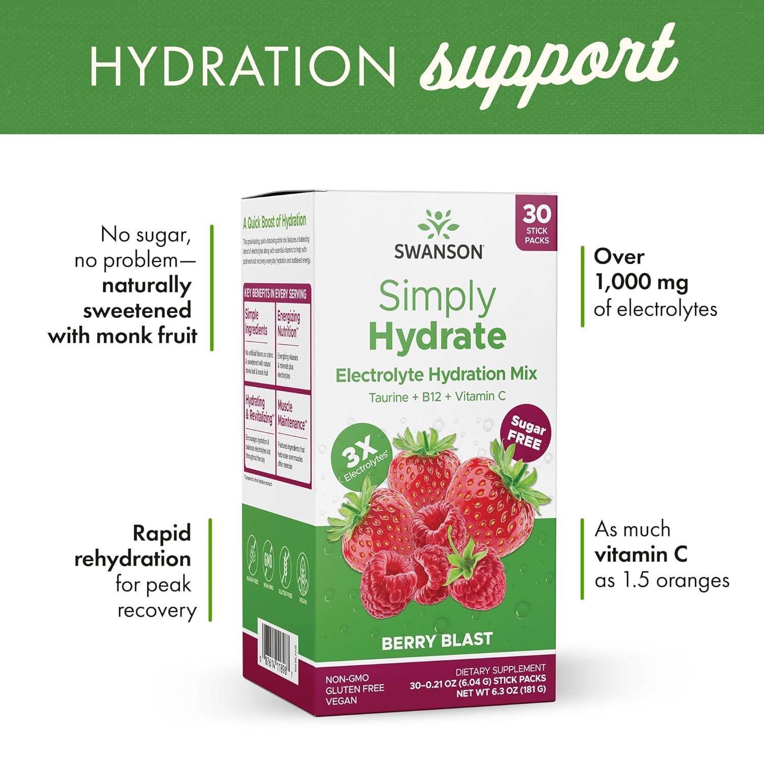 Swanson Simply Hydrate Electrolyte Mix - Sugar-Free Berry Blast Flavor - 30 Packets | Advanced Electrolyte Blend | Convenient On-The-Go Solution : CDs & Vinyl