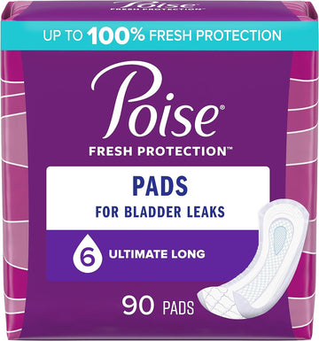 Poise Incontinence Pads & Postpartum Incontinence Pads, 6 Drop Ultimate Absorbency, Long Length, 90 Count (2 Packs of 45), Packaging May Vary