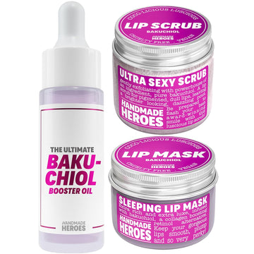 3 piece Bakuchiol Skin Care with 2% Bakuchiol Face Oil, Lip Mask and Lip Scrub, Collagen Boosting Radiant Skin and Line Smoothing by Handmade Heroes