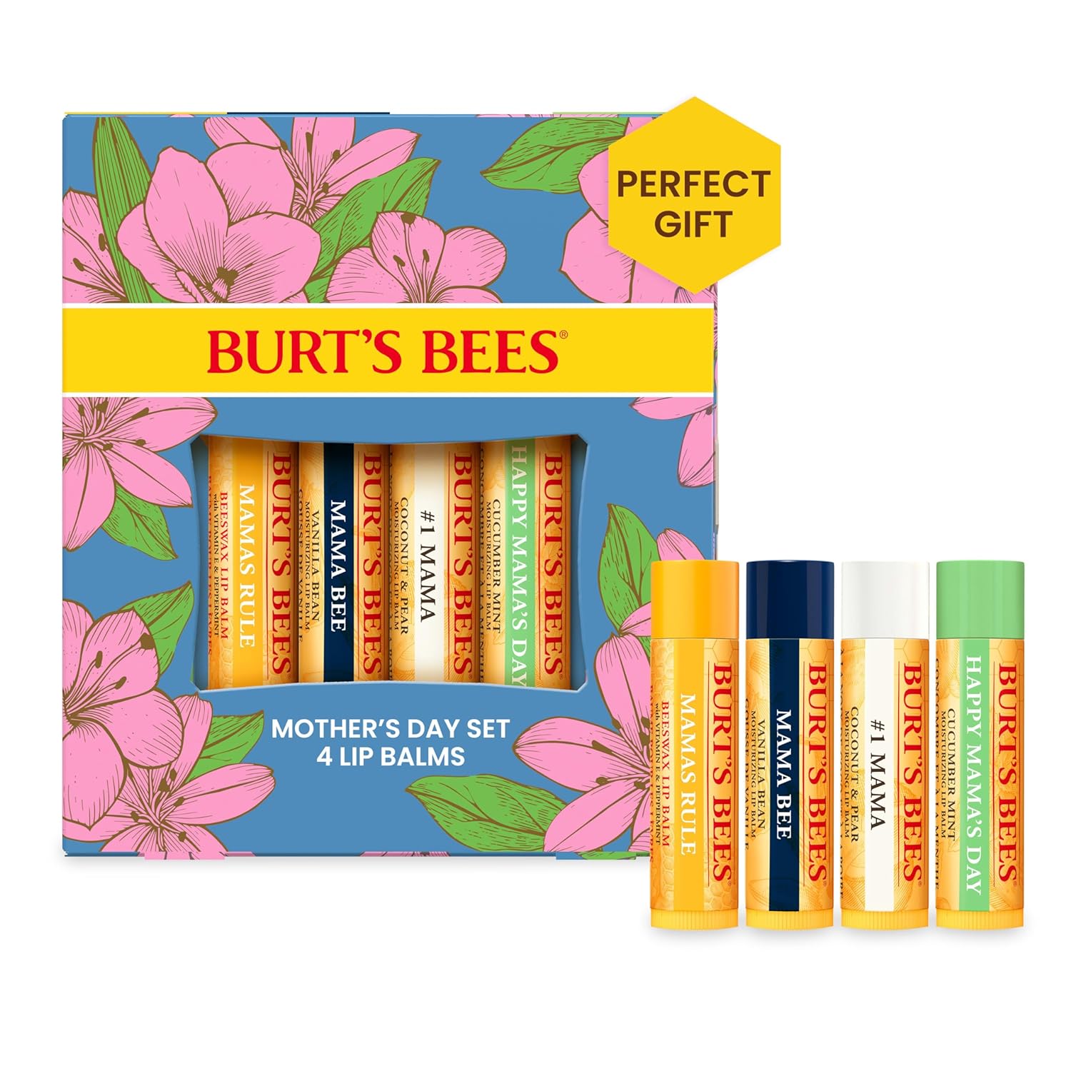 Burt's Bees Lip Balm Mothers Day Gifts for Mom - Balm Bouquet Set, Original Beeswax, Vanilla Bean, Cucumber Mint, Coconut & Pear Pack, Natural Origin Lip Treatment With Beeswax, 4 Tubes, 0.15 oz