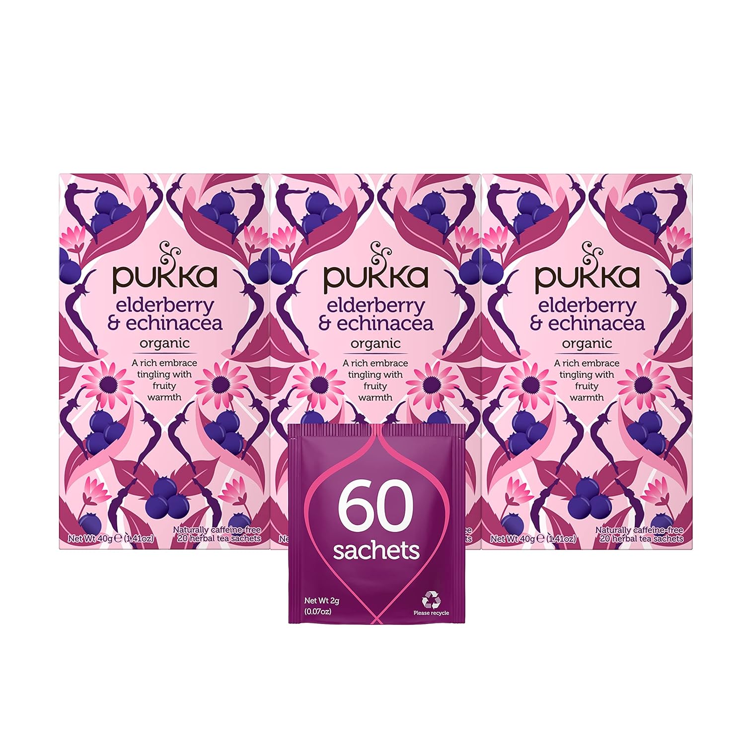 Pukka Organic Tea Bags, Elderberry & Echinacea Herbal Tea, Perfect For Wellness Support, 20 Count (Pack Of 3) 60 Tea Bags