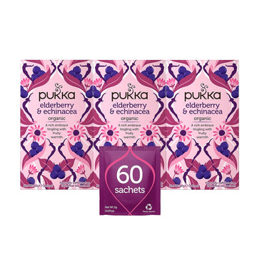 Pukka Organic Tea Bags, Elderberry & Echinacea Herbal Tea, Perfect For Wellness Support, 20 Count (Pack Of 3) 60 Tea Bags