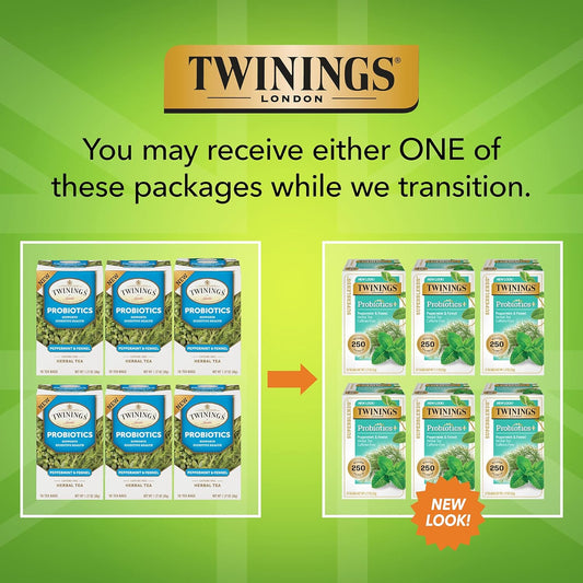 Twinings Superblends Probiotics+ Peppermint & Fennel Decaf Herbal Tea, 250 Million Cfus Per Cup, 18 Tea Bags (Pack Of 6), Enjoy Hot Or Iced