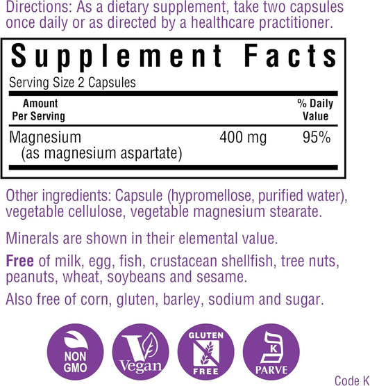 Bluebonnet Nutrition Magnesium Aspartate 400 Mg, 200 Vegetarian Capsules