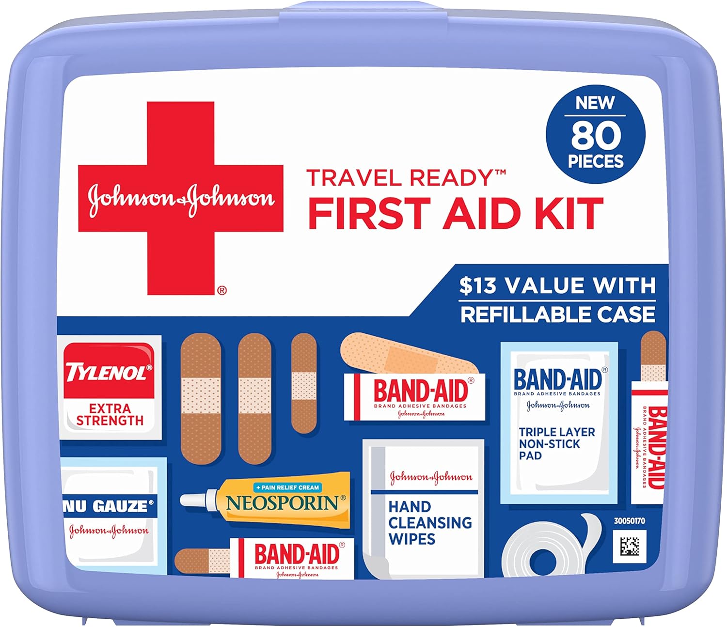 Johnson & Johnson Travel Ready Portable Emergency First Aid Kit For Minor Wound Care With Assorted Adhesive Bandages, Gauze Pads & More, Ideal For Travel, Car & On-The-Go, 80 Pc