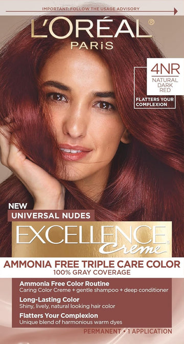 L’Oreal Paris Excellence Universal Nudes Permanent Hair Color, Ammonia Free Hair Dye For Gray Hair Coverage, 4Nr Natural Dark Red, 1 Hair Dye Kit