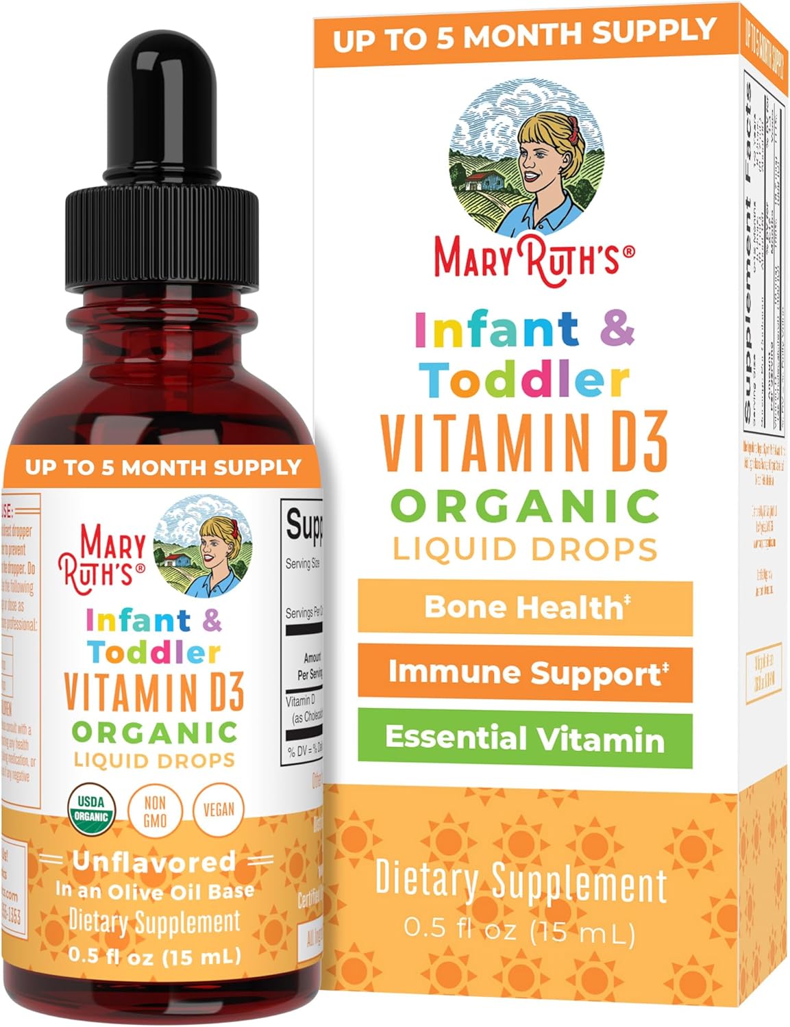 MaryRuth Organics Vitamin D3 Liquid Drops for Infants & Toddler, USDA Organic Liquid Vitamin D Spray for Infants & Toddlers, Immune Support & Bone Health, Vegan, Gluten Free, Non-GMO, 90-150 Servings