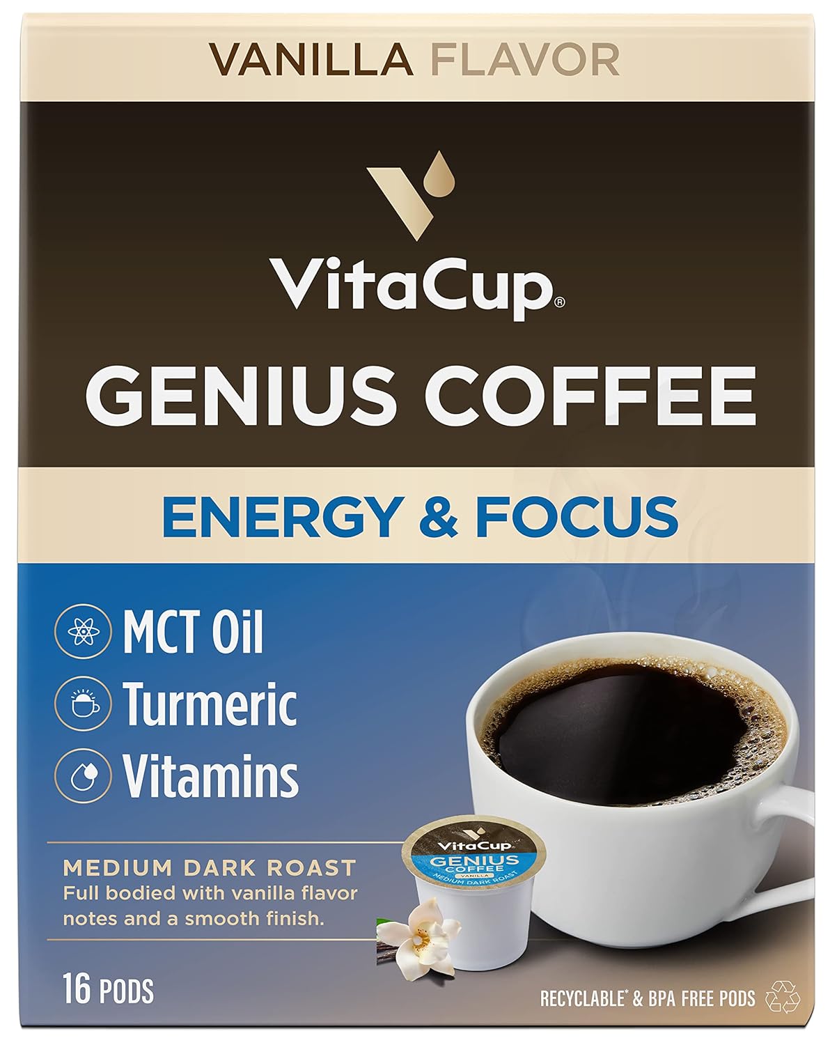 Genius Vanilla Keto Coffee Pods By Vitacup W/Mct Oil, Turmeric, B Vitamins, & D3 For Energy & Focus In Recyclable Single Serve Pod Compatible With K-Cup Brewers Including Keurig 2.0, 16 Ct