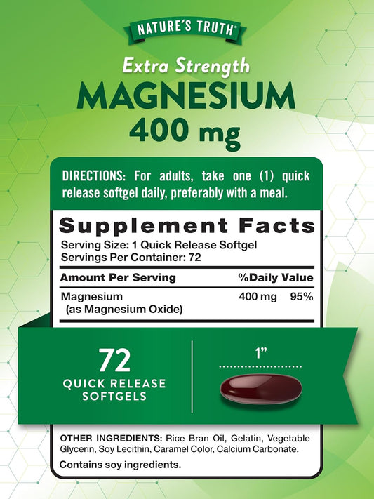 Magnesium | 400Mg | 72 Softgels | Value Size | Extra Strength | From Magnesium Oxide | Non-Gmo And Gluten Free Supplement | By Nature'S Truth