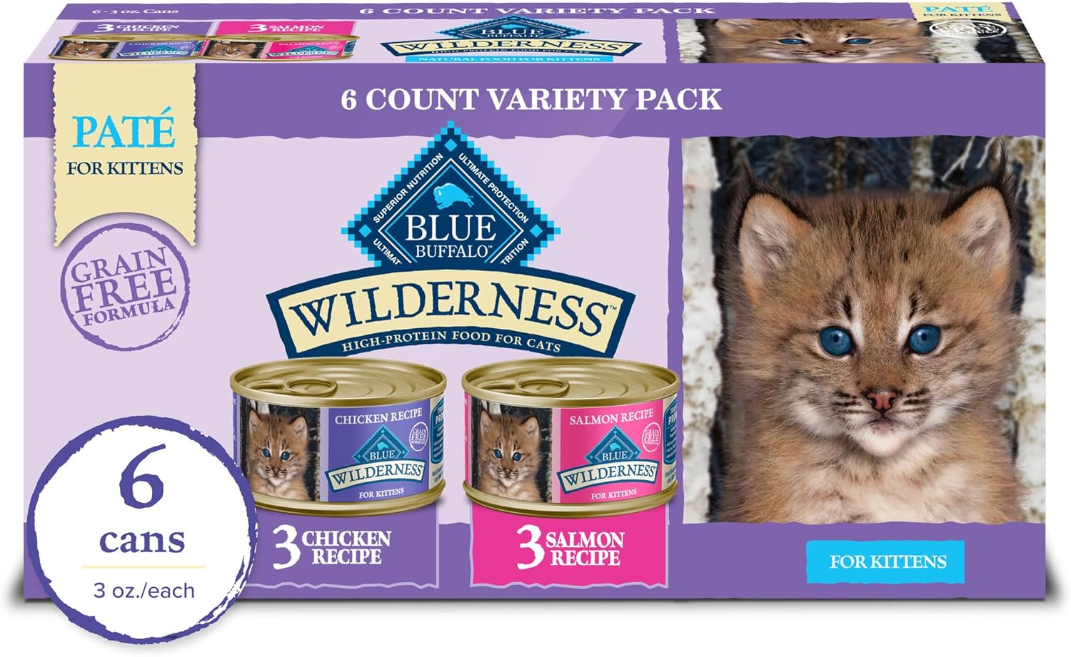 Blue Buffalo Wilderness Kitten Food, High-Protein & Grain-Free Wet Cat Food Paté Variety Pack, Chicken & Salmon Recipes, 3-Oz. Cans (6 Count, 3 Of Each)