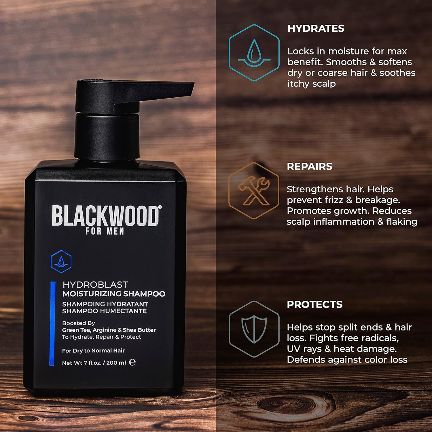 Blackwood For Men Hydroblast Moisturizing Shampoo - Men's Shampoo for Coarse, Dry, & Curly Hair-Infused with Ginseng & Ginger - Natural Vegan Formula -Sulfate Free, Paraben Free & Cruelty Free (7 Oz) : Beauty & Personal Care
