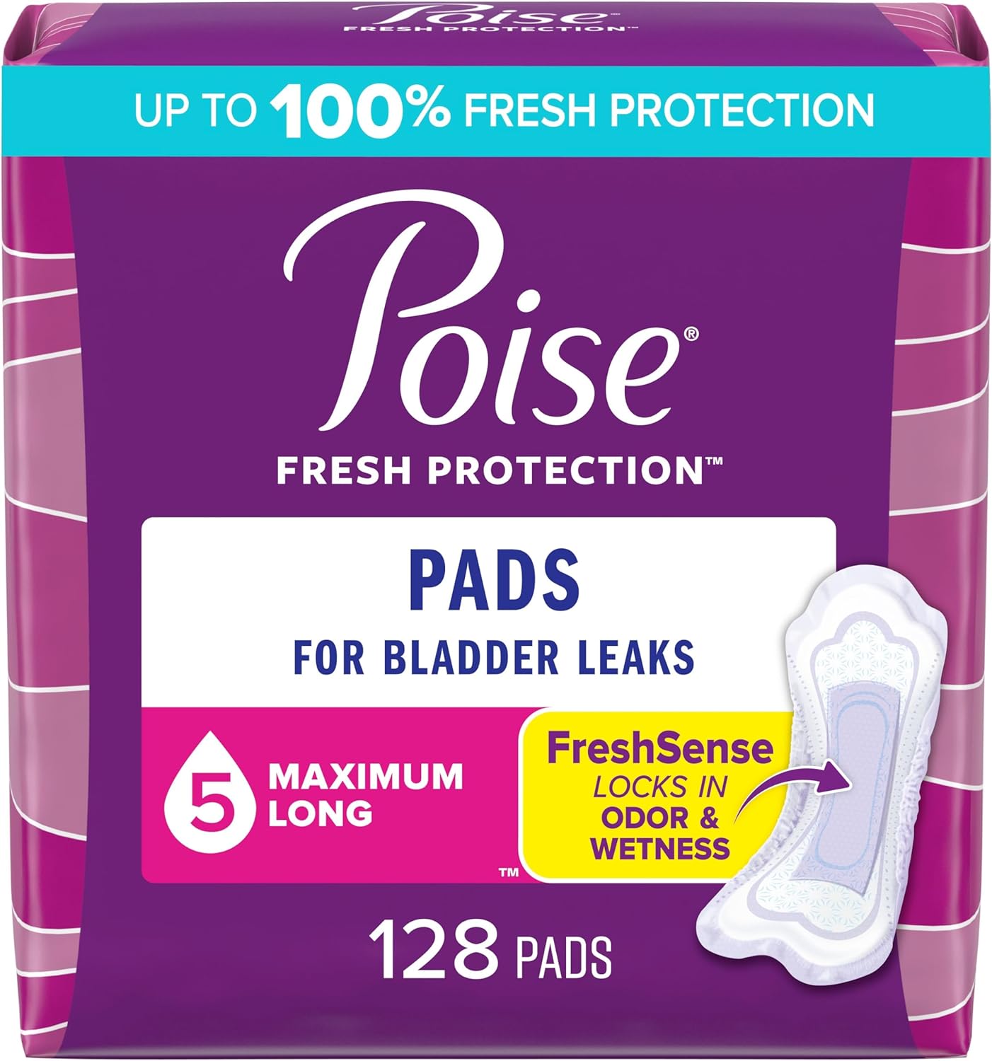 Poise Incontinence Pads & Postpartum Incontinence Pads, 5 Drop Maximum Absorbency, Long Length, 128 Count, Packaging May Vary