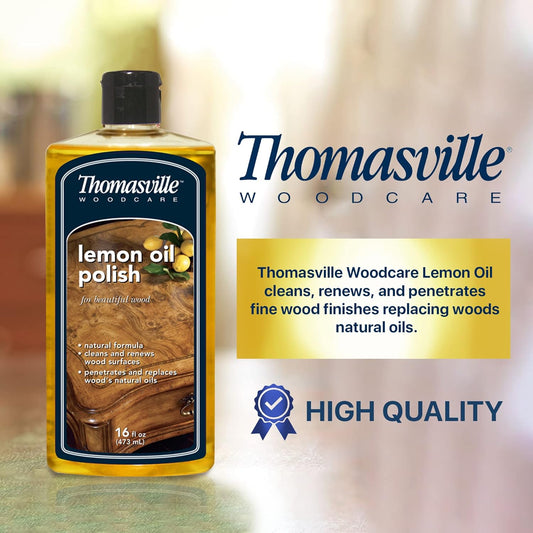 THOMASVILLE LEMON OIL POLISH - Natural Lemon Scented Wood Cleaner & Furniture Polish, Cleans, Renews, Restores & Rejuvenates Wood Surfaces, Protects Wood from Drying or Cracking, Leaves a Shiny Finish, 16oz