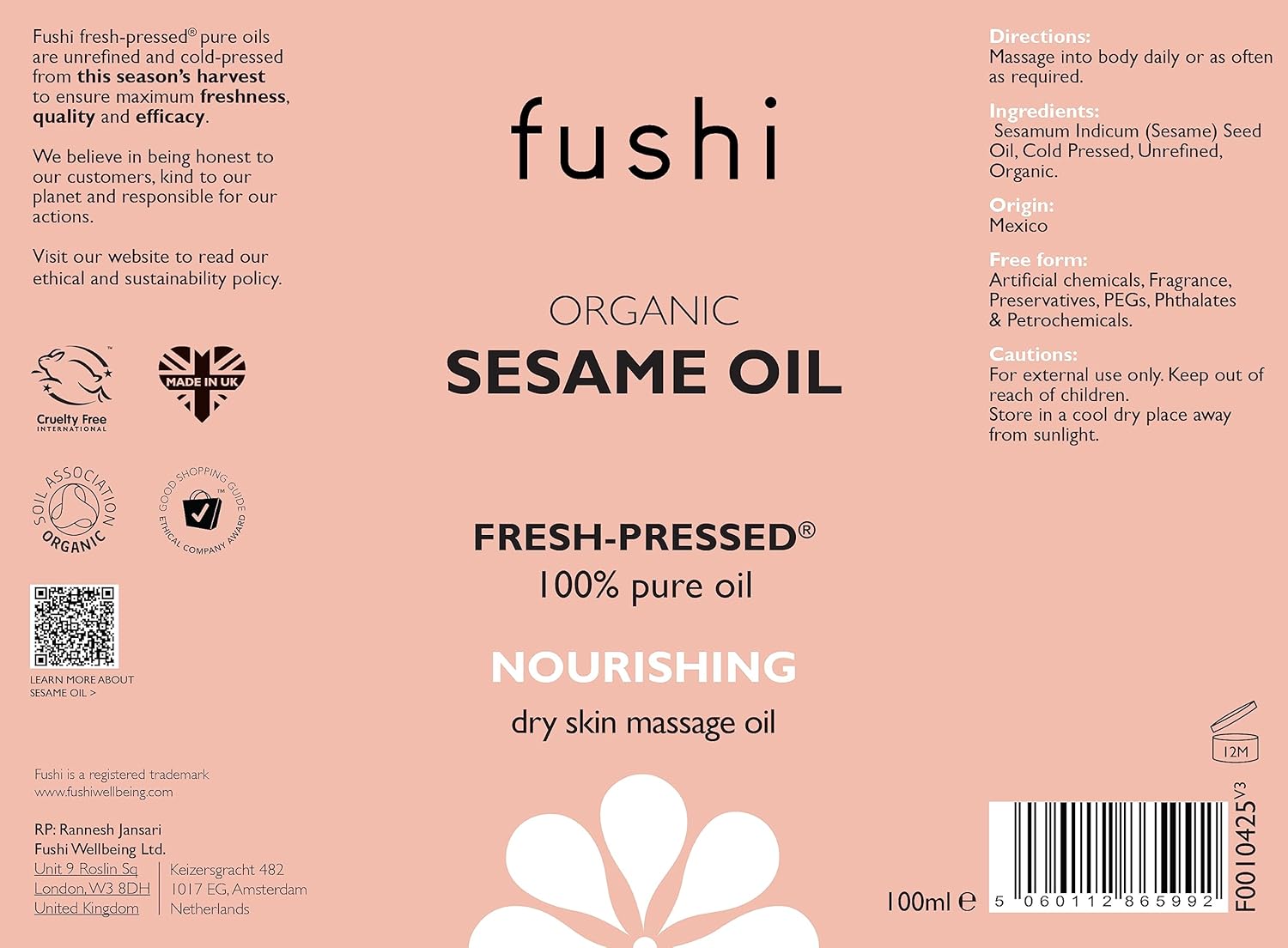 Fushi Organic Sesame Oil 100ml | Virgin & Fresh-Pressed |Rich in Vitamin E, B & Complex Minerals | Best for Scars, Dry Skin & Fine Lines | Ethical & Vegan | Manufactured in the UK (Pack of 2) : Amazon.co.uk: Health & Personal Care