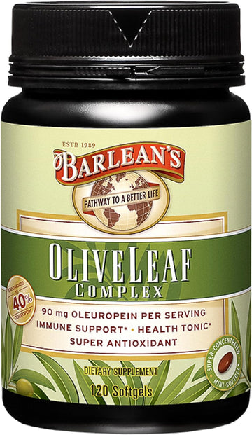 Barlean's Olive Leaf Complex Softgels Immune Support Supplement with 90 mg Oleuropein Antioxidants, Concentrated Heart Health & Immunity Booster Pills, 120 Count