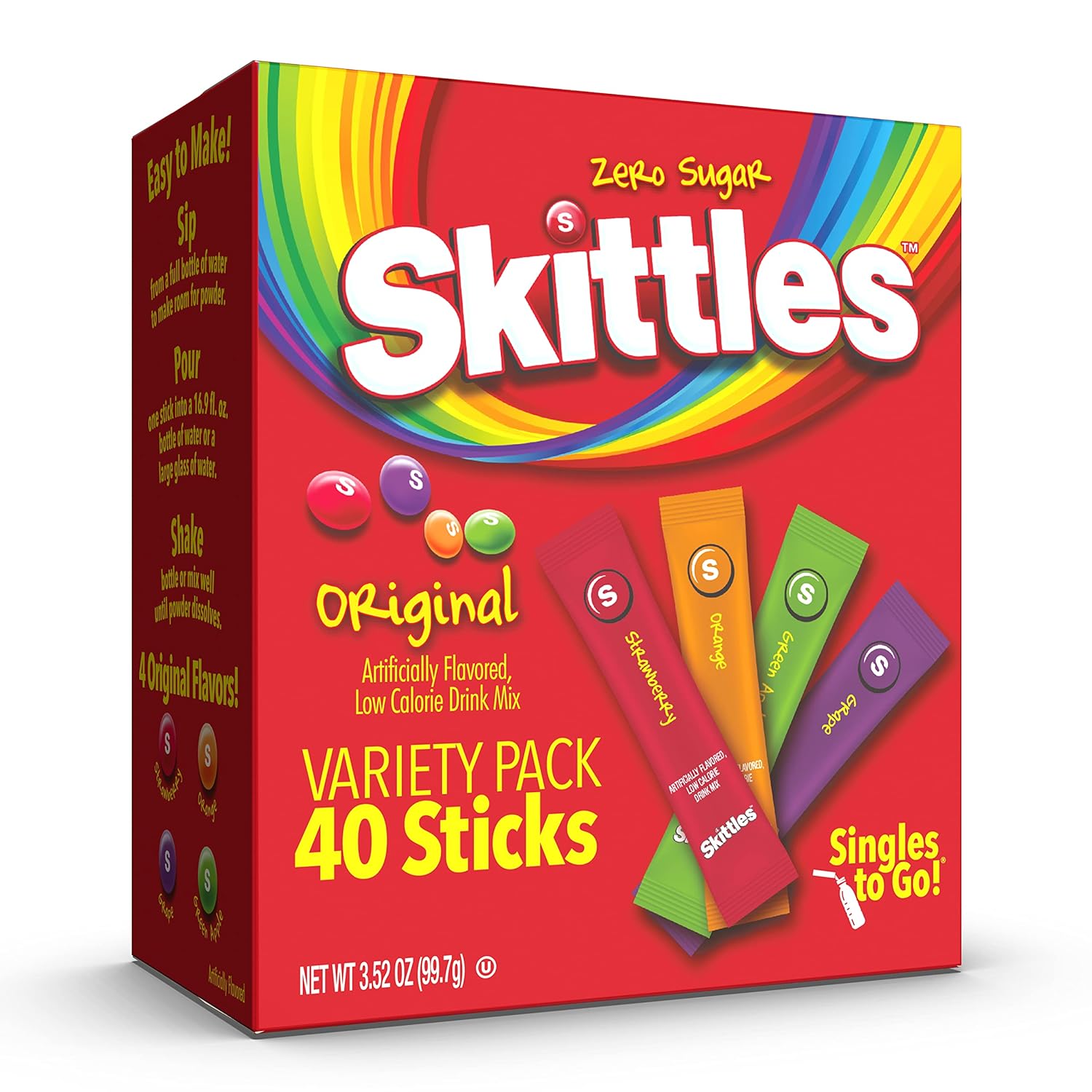 Skittles Singles To Go Variety Pack, Watertok Powdered Drink Mix, Zero Sugar, Low Calorie, Includes 4 Flavors: Green Apple, Strawberry, Grape, Orange, 1 Box (40 Single Servings)